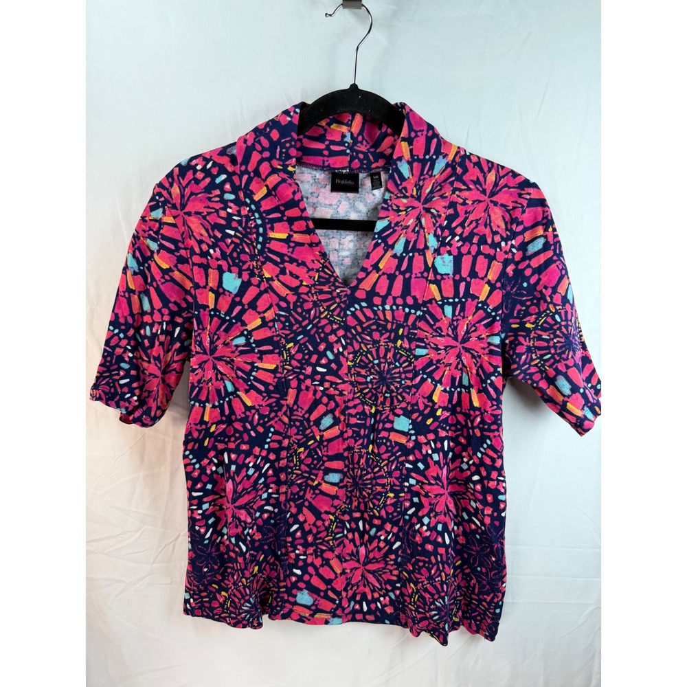Rafaella Womens Large Pink Navy Abstract Kaleidoscope V-Neck Cotton Knit Top L‎